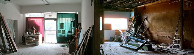 Panoramic view of music studio (left) and caf (right) to be.  Click for a larger picture.